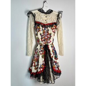 Party King Day of the Dead Sugar Skull Costume Dress Lace Red Pom Pom Womens M